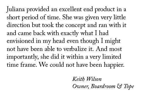 Juliana provided an excellent end product in a short period of time. She was given very little direction but took the concept and ran with it...